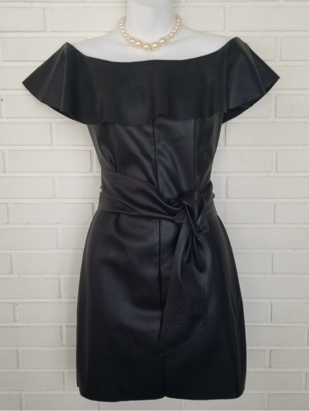 Sexy A$$ MANGO Off-Shoulder Black Faux-Leather Dress with Waist Tie sz Small